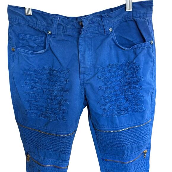 Focus Jeans Men's Royal Blue Distressed Y2K Zippers 32x30 Skinny Streetwear - Picture 2 of 10